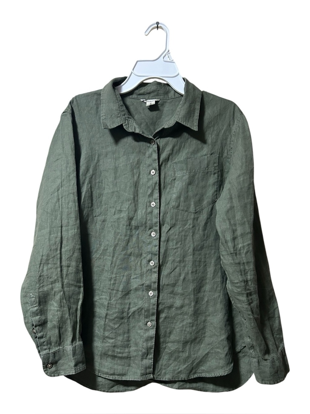 L.L. Bean Shirt Vintage Green Linen Long Sleeve Collared Button-Up M Petite Boho